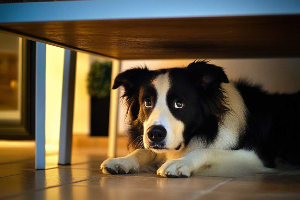 un chien, effrayé par un bruit, se cache sous une table