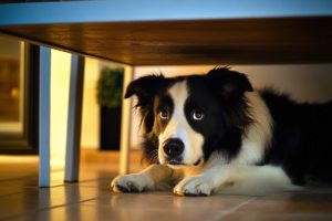 un chien, effrayé par un bruit, se cache sous une table